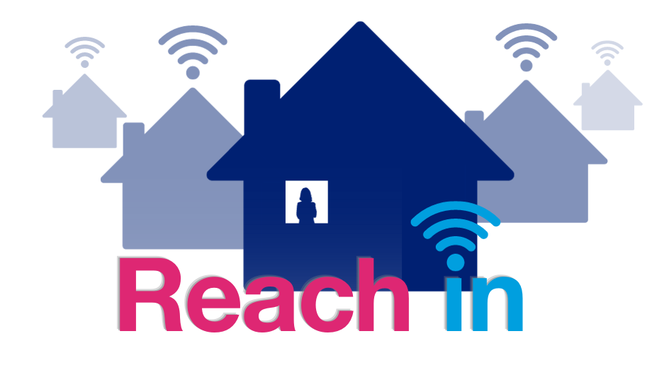 Five outline of dark blue houses with wifi signals on the top. Reach in
