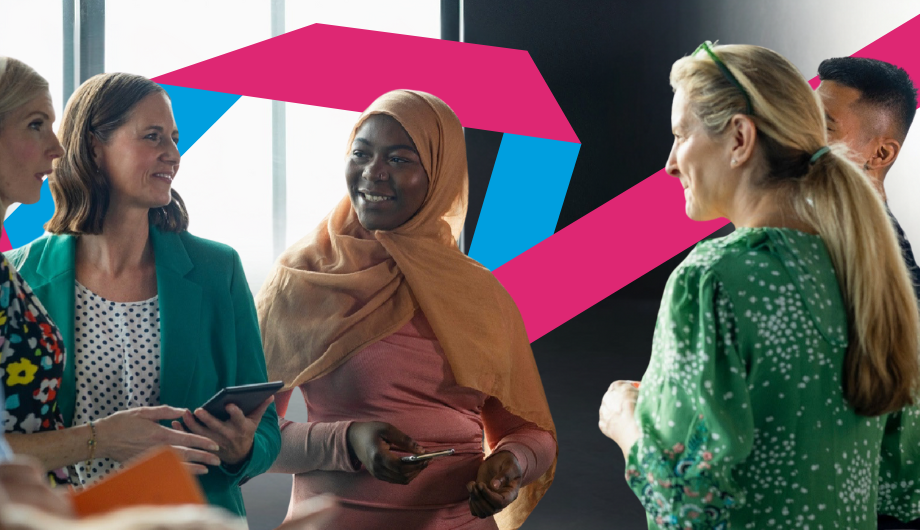 A group of people chatting and smiling with a graphic of a pink and blue SafeLives ribbon.