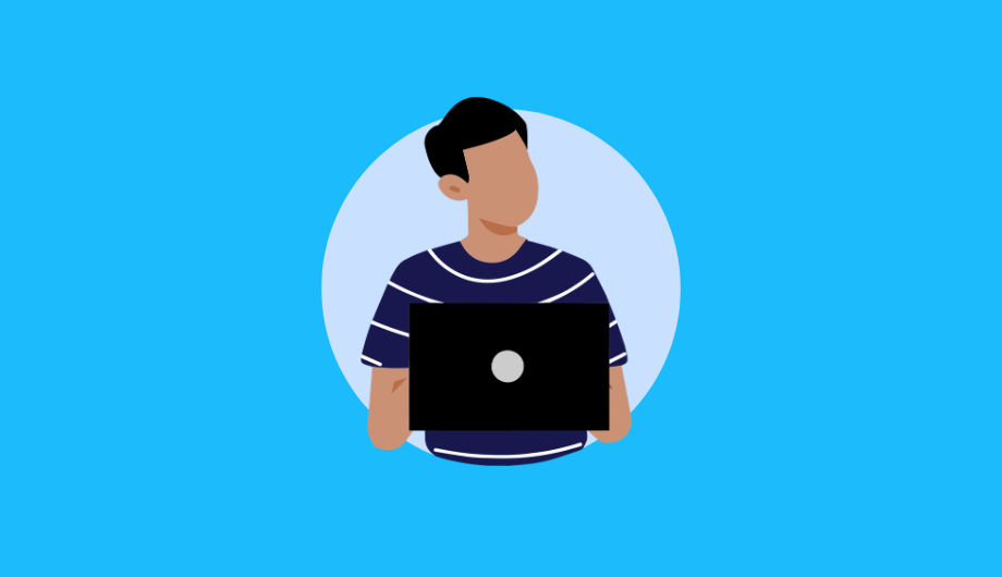 Illustration of man on laptop.