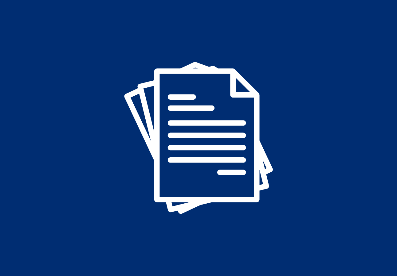 Blue background, graphic of a stack of papers.