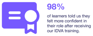 Purple certificate icon with text that reads '98% of learners told us they felt more confident in their role after receiving our IDVA training.'