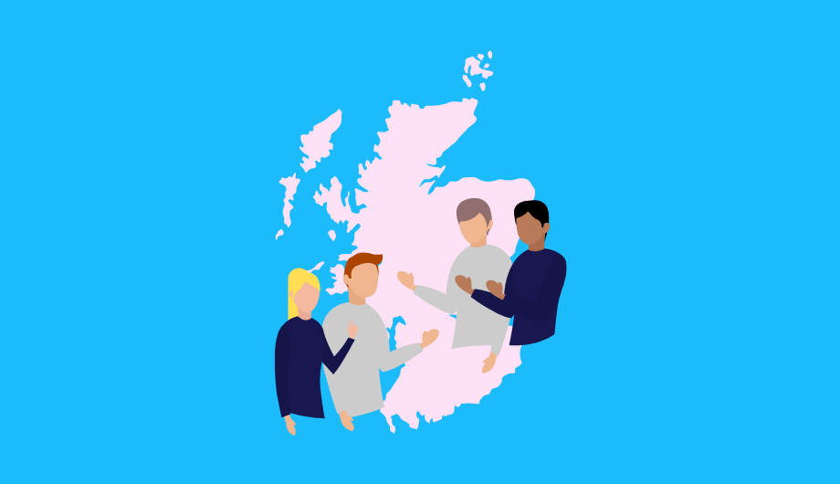 Illustration of two women and two men talking with Scottish map in the background.