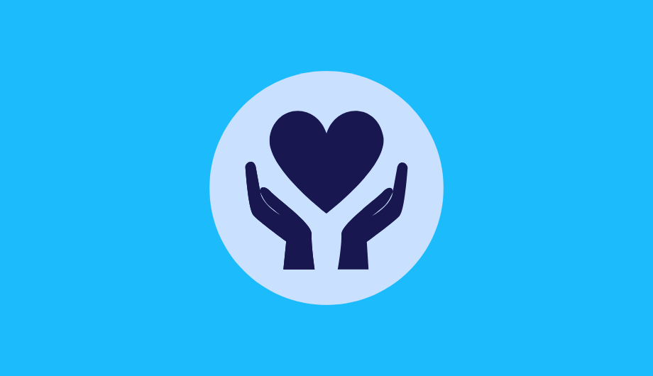 Blue icon of hands holding a heart.