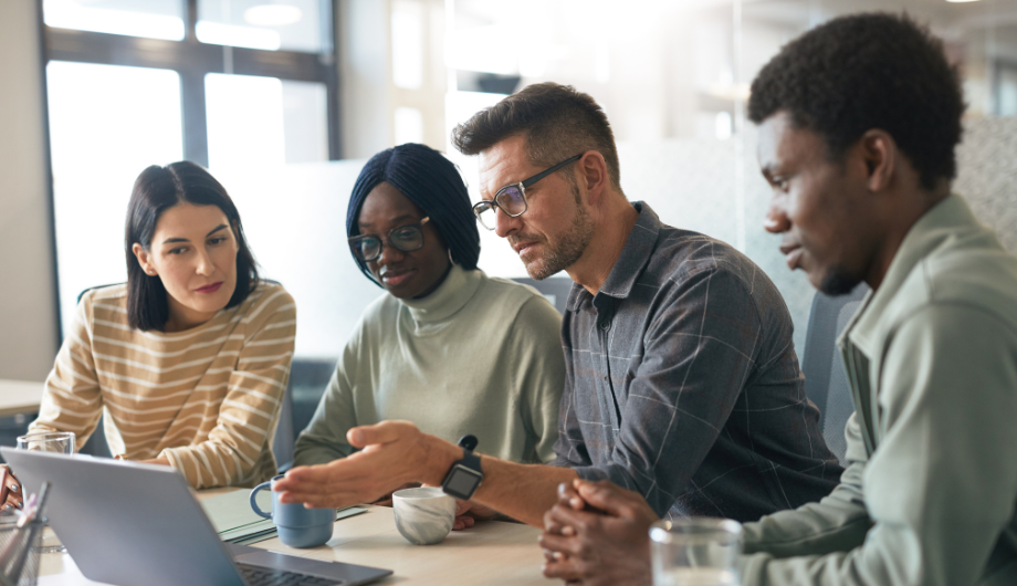 Diverse group of people talking and working on a laptop.