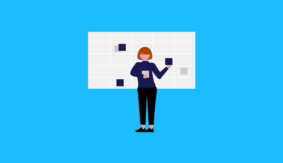Illustration of woman holding multiple topic cards.