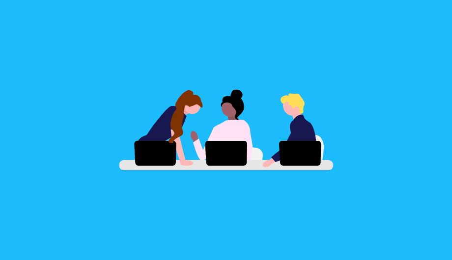 Illustration of two women and man on laptops.