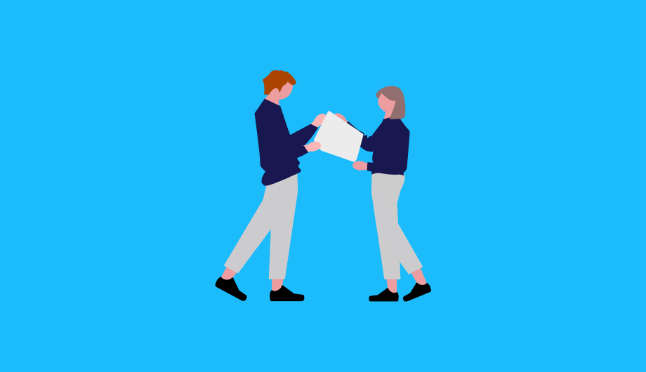 Illustration of man and woman exchanging paper.